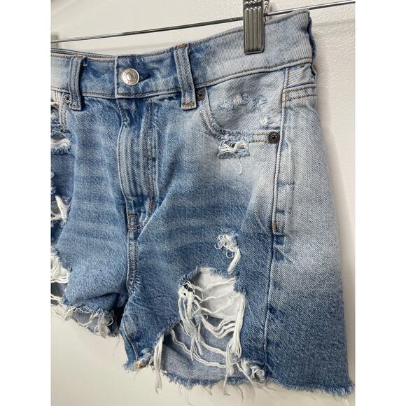 American Eagle Next Level Stretch High Rise Mom Short Destroyed Blue Denim Sz 0 - Picture 2 of 10